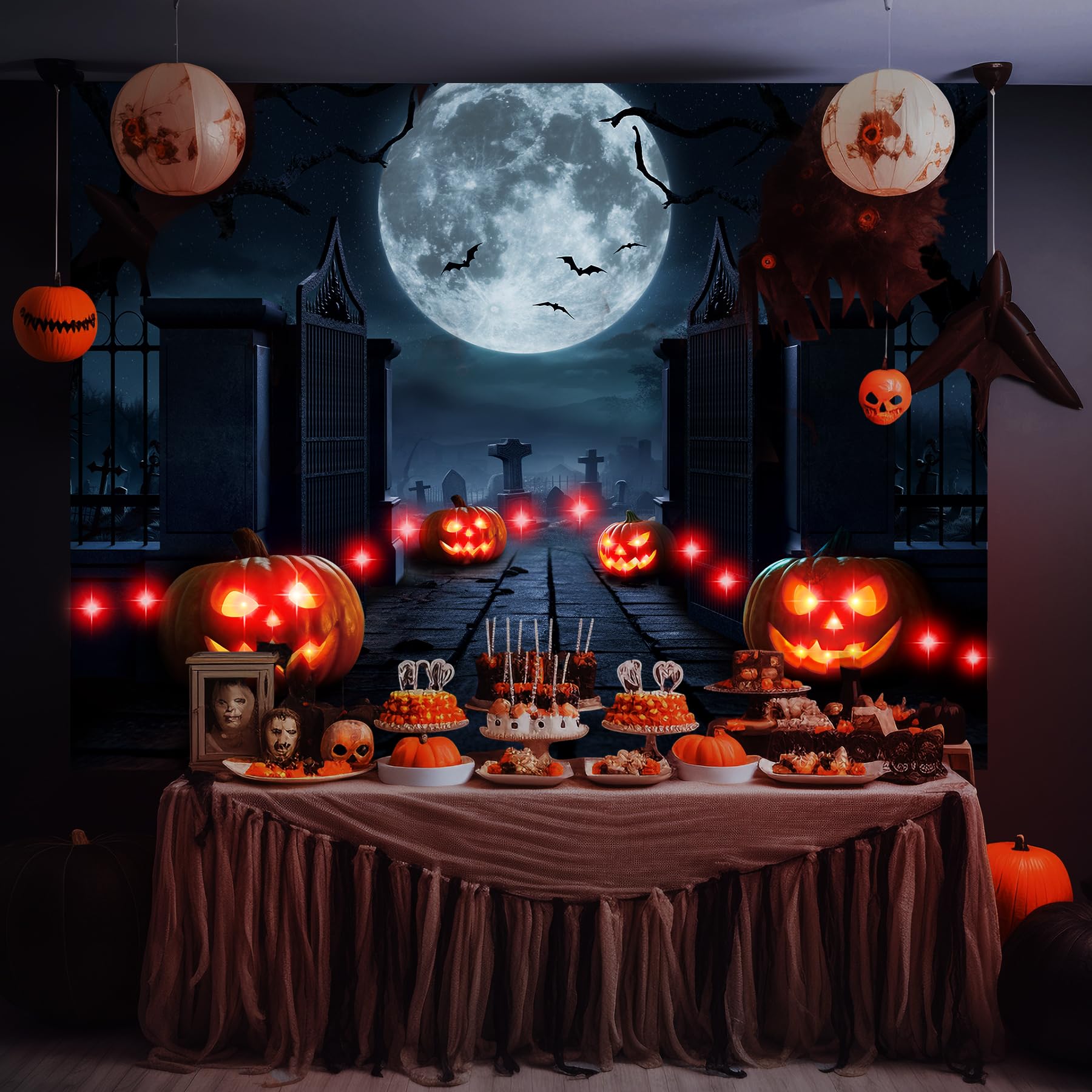 Light Up Halloween Backdrop Halloween Photo Cemetery Backdrops Scary Party Decorations Supplies for Photography Horror Photo Booth Props Background 6.5ft x 5ft