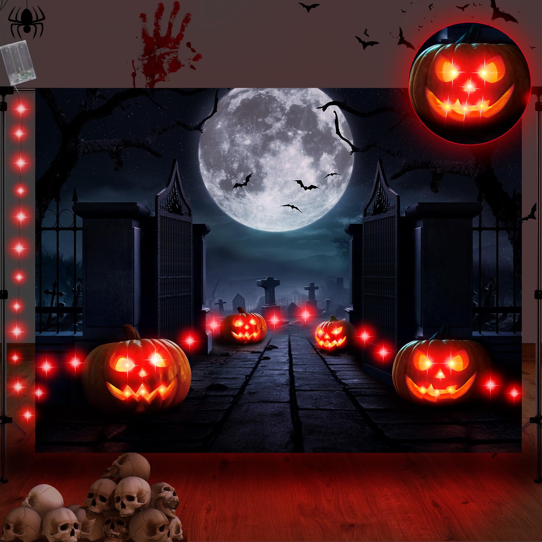 Light Up Halloween Backdrop Halloween Photo Cemetery Backdrops Scary Party Decorations Supplies for Photography Horror Photo Booth Props Background 6.5ft x 5ft