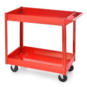ironmax utility cart with wheels, 2-tier heavy duty metal rolling cart w/ 3.5’’ extra deep shelves, steel tool service push cart for mechanic garage warehouse workshop kitchen (red)