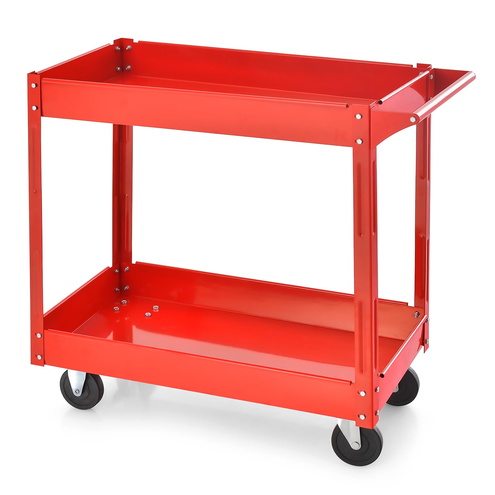 IRONMAX Utility Cart with Wheels, 2-Tier Heavy Duty Metal Rolling Cart w/ 3.5’’ Extra Deep Shelves, Steel Tool Service Push Cart for Mechanic Garage Warehouse Workshop Kitchen (Red)