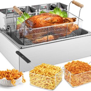 TANGME Commercial Deep Fryer, 3400w Electric Turkey Fryer with 3-Baskets, 22L/23.25Qt 1mm Thickened Stainless Steel Countertop Single Oil Fryer with Temperature Limiter for Restaurant