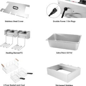 TANGME Commercial Deep Fryer, 3400w Electric Turkey Fryer with 3-Baskets, 22L/23.25Qt 1mm Thickened Stainless Steel Countertop Single Oil Fryer with Temperature Limiter for Restaurant