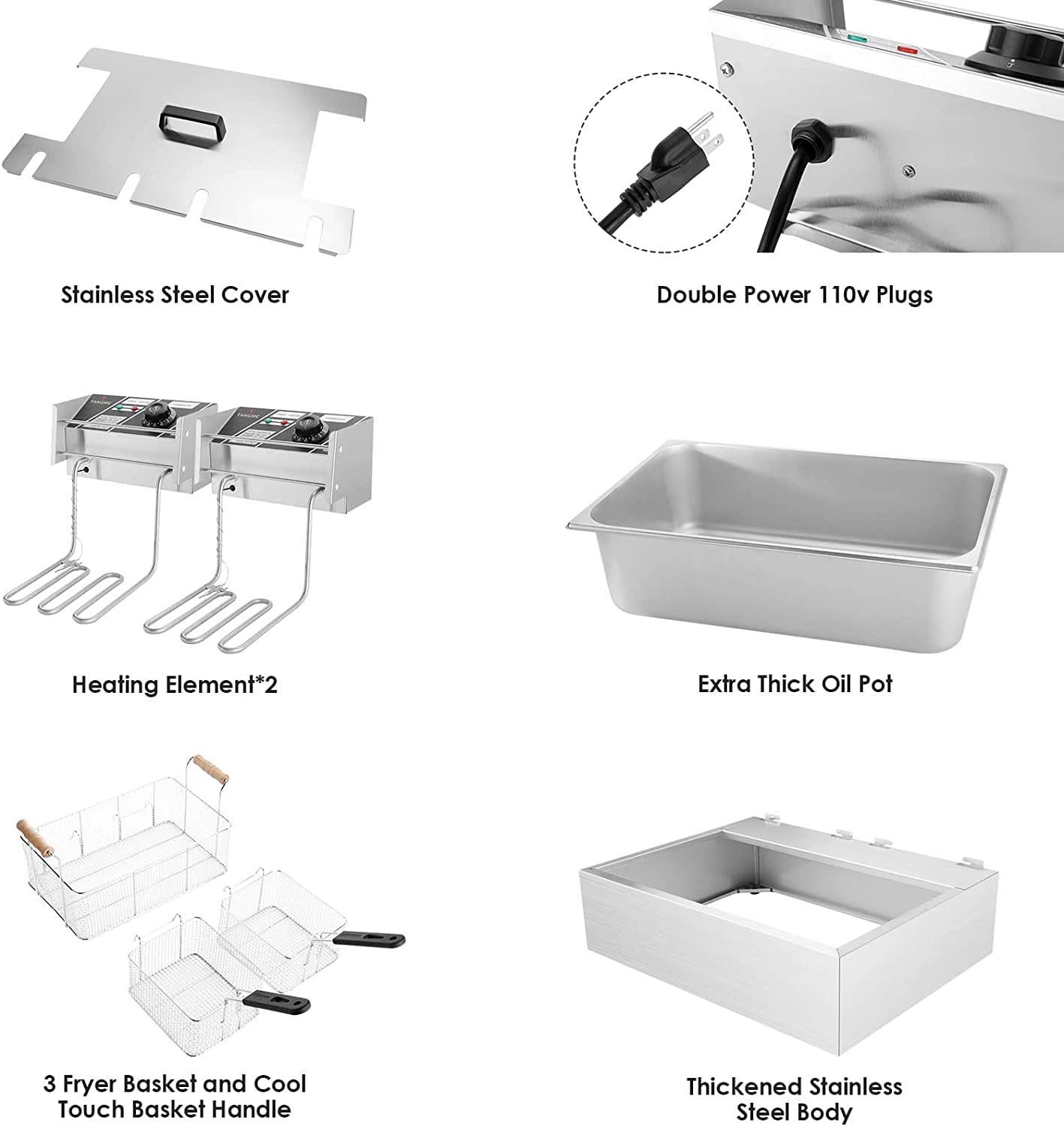 TANGME Commercial Deep Fryer, 3400w Electric Turkey Fryer with 3-Baskets, 22L/23.25Qt 1mm Thickened Stainless Steel Countertop Single Oil Fryer with Temperature Limiter for Restaurant