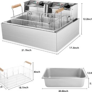 TANGME Commercial Deep Fryer, 3400w Electric Turkey Fryer with 3-Baskets, 22L/23.25Qt 1mm Thickened Stainless Steel Countertop Single Oil Fryer with Temperature Limiter for Restaurant