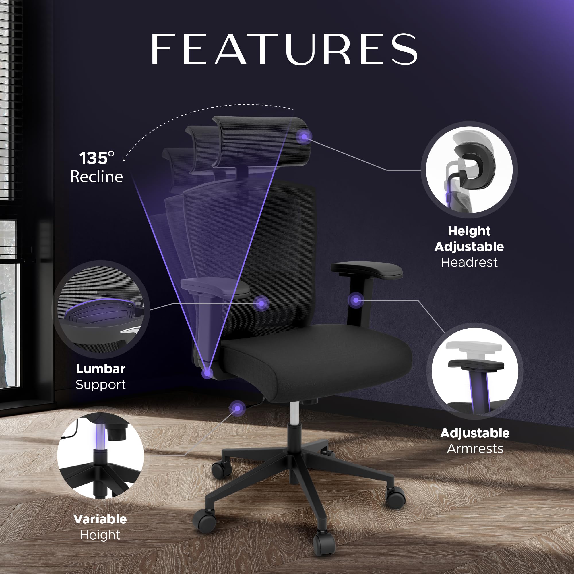 Travel Trove - Ergonomic Office Chair with Headrest - Reclining Office Chair - Ergonomic Desk Chair - Ergonomic Chairs for Home Office - Ergonomic Mesh Office Chair - Office Chair Ergonomic