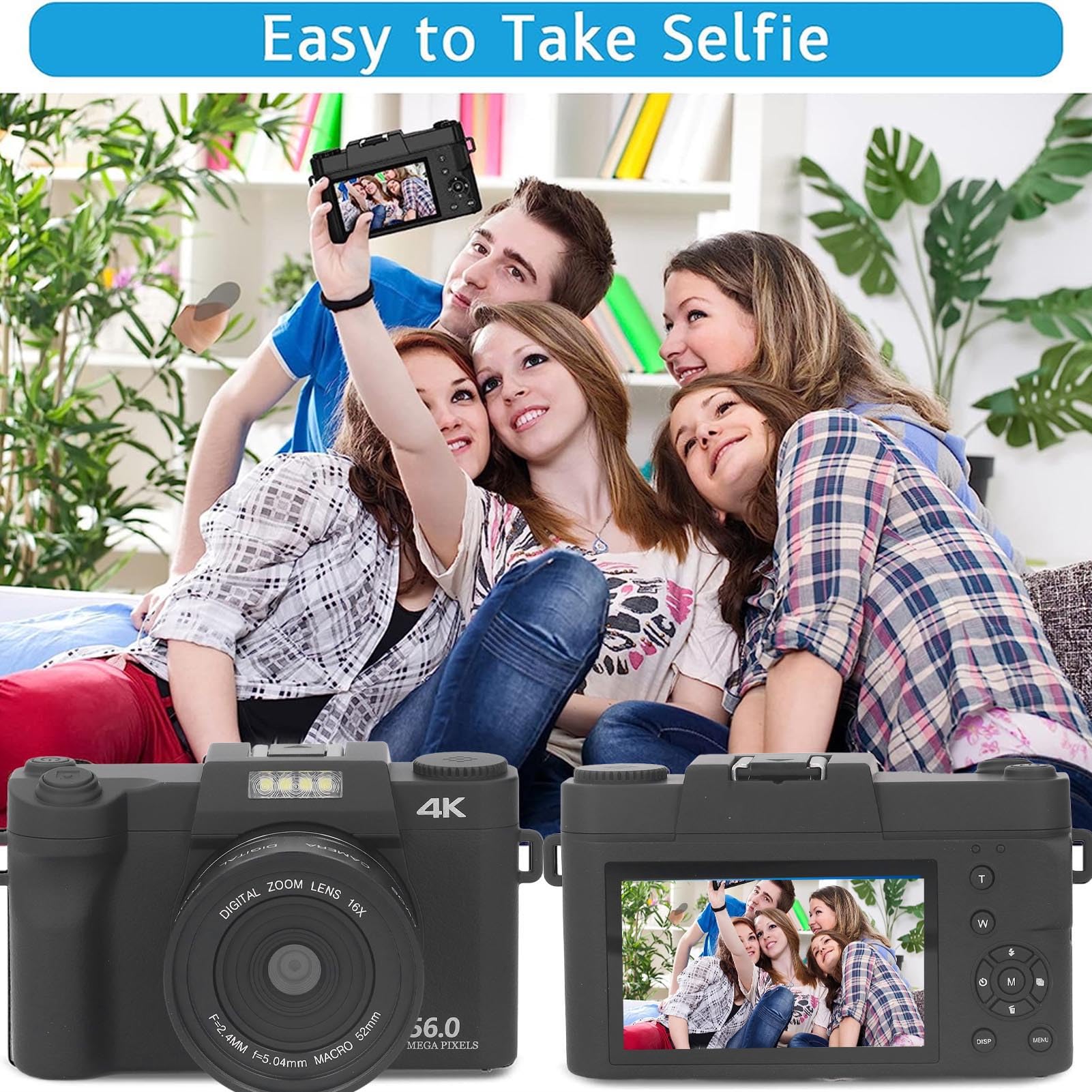 4K Digital Camera for Kids Video 16X 56M Digital Zoom, Compact Point and Shoot Camera, Portable Small Camera for Teens Students Boys Girls Seniors, WiFi, Gifts