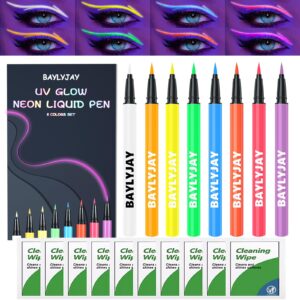 baylyjay uv glow in the dark neon liquid pen 8 colors set with cleaning wipe pack, blacklight makeup for eyeliner,face, body,shoes,bags paint marker, cosplay, rave festival accessories, glow day party