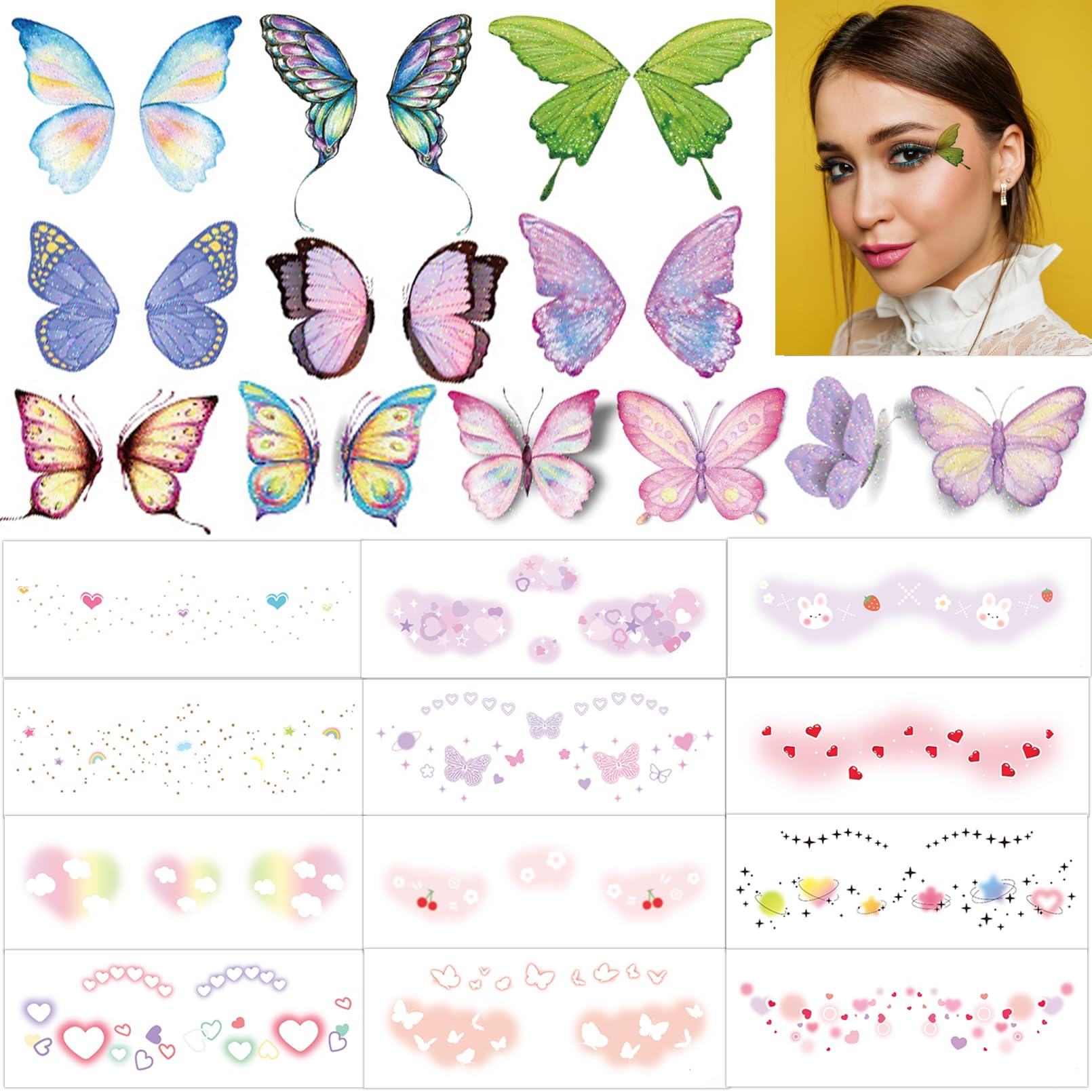 Coszeos 10 Sheets Glitter Butterfly Makeup Temporary Tattoos and 19 Sheets Face Freckle Temporary Tattoos for Girl Women Bundled Product