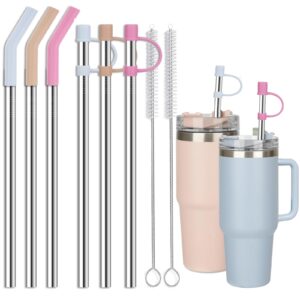 jetstop 6 straws with cover for stanley tumbler - reusable stainless steel metal with silicone stopper, perfect for stanley 40oz accessories (12 inch 3 straight + 3 bent straws fit 40oz)