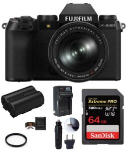 fujifilm x-s20 mirrorless digital camera with 18-55mm lens bundle, includes: sandisk 64gb extreme pro uhs-ii sdxc memory card, spare fujifilm battery and more (6 items)