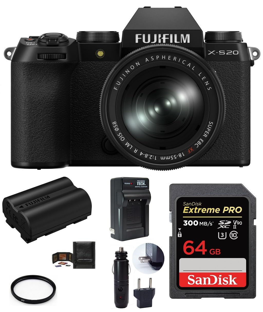 FUJIFILM X-S20 Mirrorless Digital Camera with 18-55mm Lens Bundle, Includes: SanDisk 64GB Extreme PRO UHS-II SDXC Memory Card, Spare Fujifilm Battery and More (6 Items)