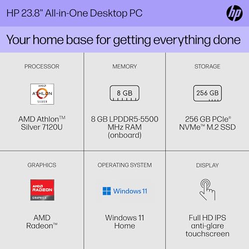 HP 23.8 inch All-in-One Desktop PC, FHD Display, AMD Athlon Silver 7120U, 8 GB RAM, 256 GB SSD, AMD Radeon Graphics, Windows 11 Home, 24-cr0110 (2023)
