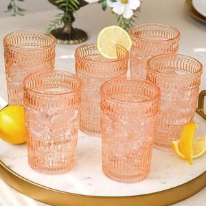 vintage textured rose gold striped drinking glasses set of 6, (13 oz) ribbed glassware set | cocktail set, ice tea glasses, juice glass, water cups