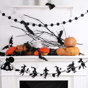 Honoson Halloween Witches Garland, Halloween Black Banner Decorations for Fireplace Mantel Wall Indoor Halloween Witches Party Supplies