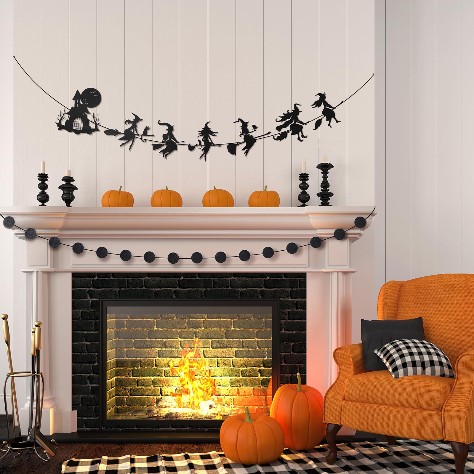 Honoson Halloween Witches Garland, Halloween Black Banner Decorations for Fireplace Mantel Wall Indoor Halloween Witches Party Supplies