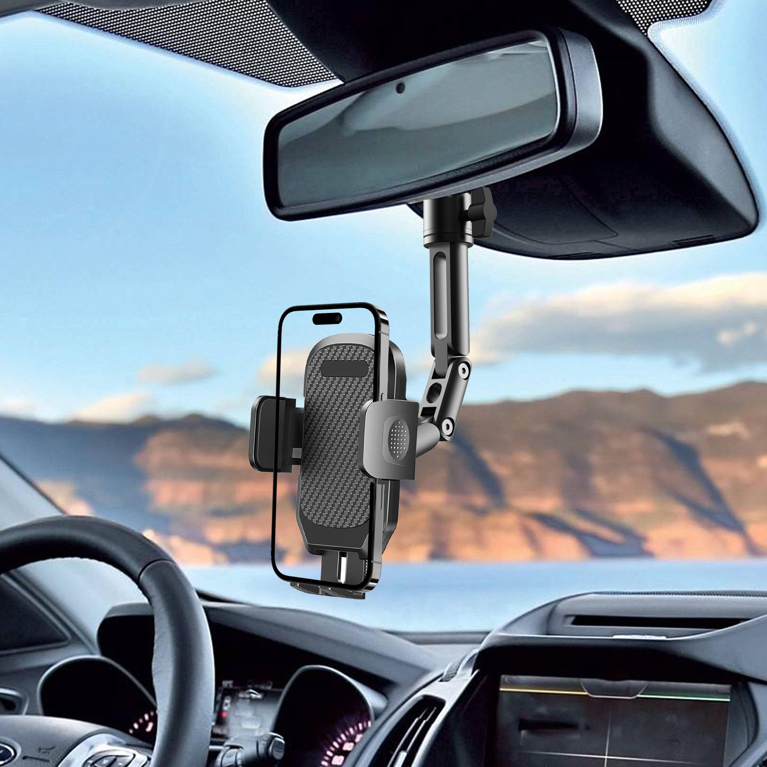 Quyee Phone Holder Car, Rear View Mirror Phone Holder - Aluminum Alloy Mount Multi-Angle Adjustment Rotatable and Retractable Compatible with All 4-7 Inch iPhone and Android Cell Phones