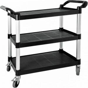rayfarmo plastic utility cart with wheels, 3-tier, black, fade resistant, heavy duty, easy assembly, rust resistant, locking caster, 15d x 35w x 38h