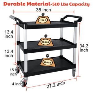 RAYFARMO Plastic Utility Cart with Wheels, 3-Tier, Black, Fade Resistant, Heavy Duty, Easy Assembly, Rust Resistant, Locking Caster, 15D x 35W x 38H