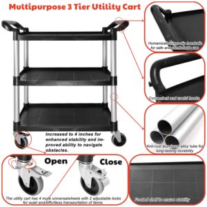 RAYFARMO Plastic Utility Cart with Wheels, 3-Tier, Black, Fade Resistant, Heavy Duty, Easy Assembly, Rust Resistant, Locking Caster, 15D x 35W x 38H