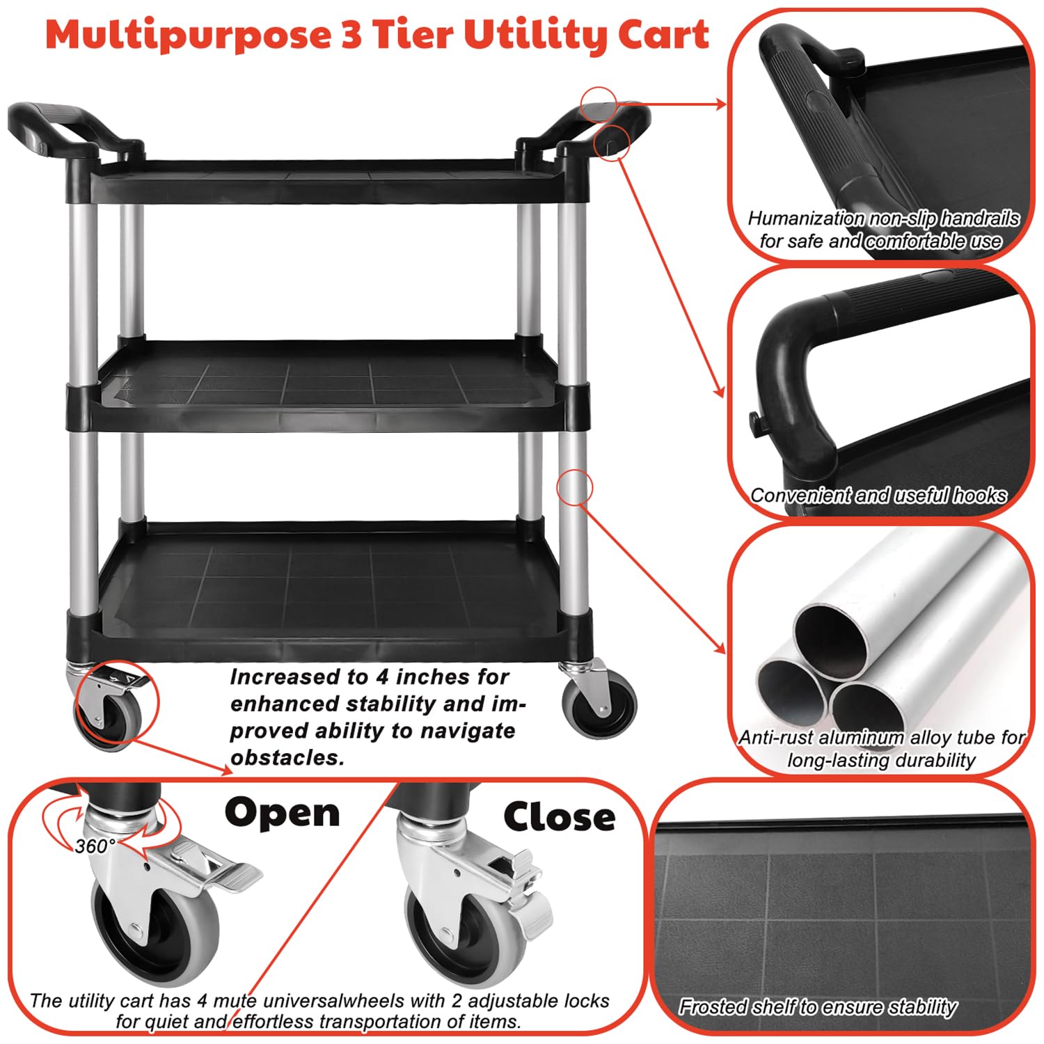 RAYFARMO Plastic Utility Cart with Wheels, 3-Tier, Black, Fade Resistant, Heavy Duty, Easy Assembly, Rust Resistant, Locking Caster, 15D x 35W x 38H