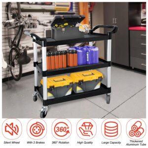 RAYFARMO Plastic Utility Cart with Wheels, 3-Tier, Black, Fade Resistant, Heavy Duty, Easy Assembly, Rust Resistant, Locking Caster, 15D x 35W x 38H