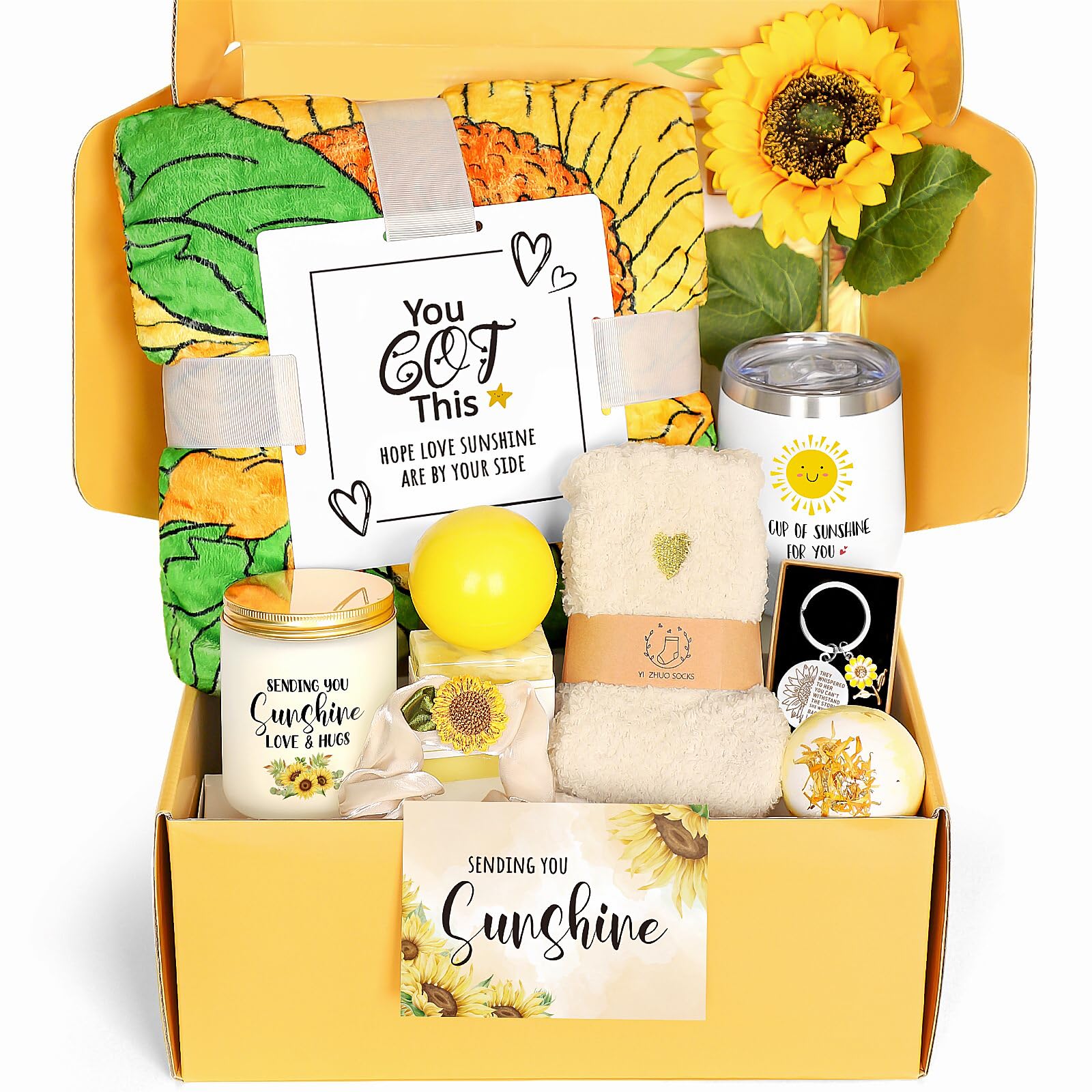 Sunflower Gifts for Women, Get Well Soon Gifts Birthday Gifts with Inspirational Blanket Tumbler for Best Friend Sister Mom - Sending You Sunshine and Hugs Care Package Baskets