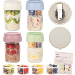 soligt 4 pack overnight oats containers with lids, folding spoons and divided compartments for fruit & nuts, small glass 16oz mason jars for oatmeal (4 set-oat white/green/rose/blue)