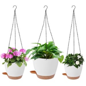 dekosilave hanging planters for indoor outdoor plants 3 pack self watering hanging plant pot 8/7.5/7 inch hanging flower plant pot, hanging plant basket with drainage holes and chain for garden home