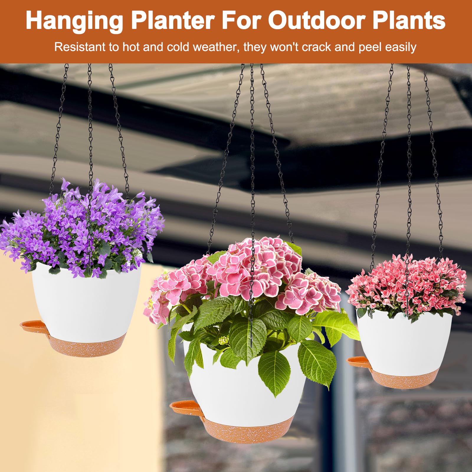 Dekosilave Hanging Planters for Indoor Outdoor Plants 3 Pack Self Watering Hanging Plant Pot 8/7.5/7 inch Hanging Flower Plant Pot, Hanging Plant Basket with Drainage Holes and Chain for Garden Home