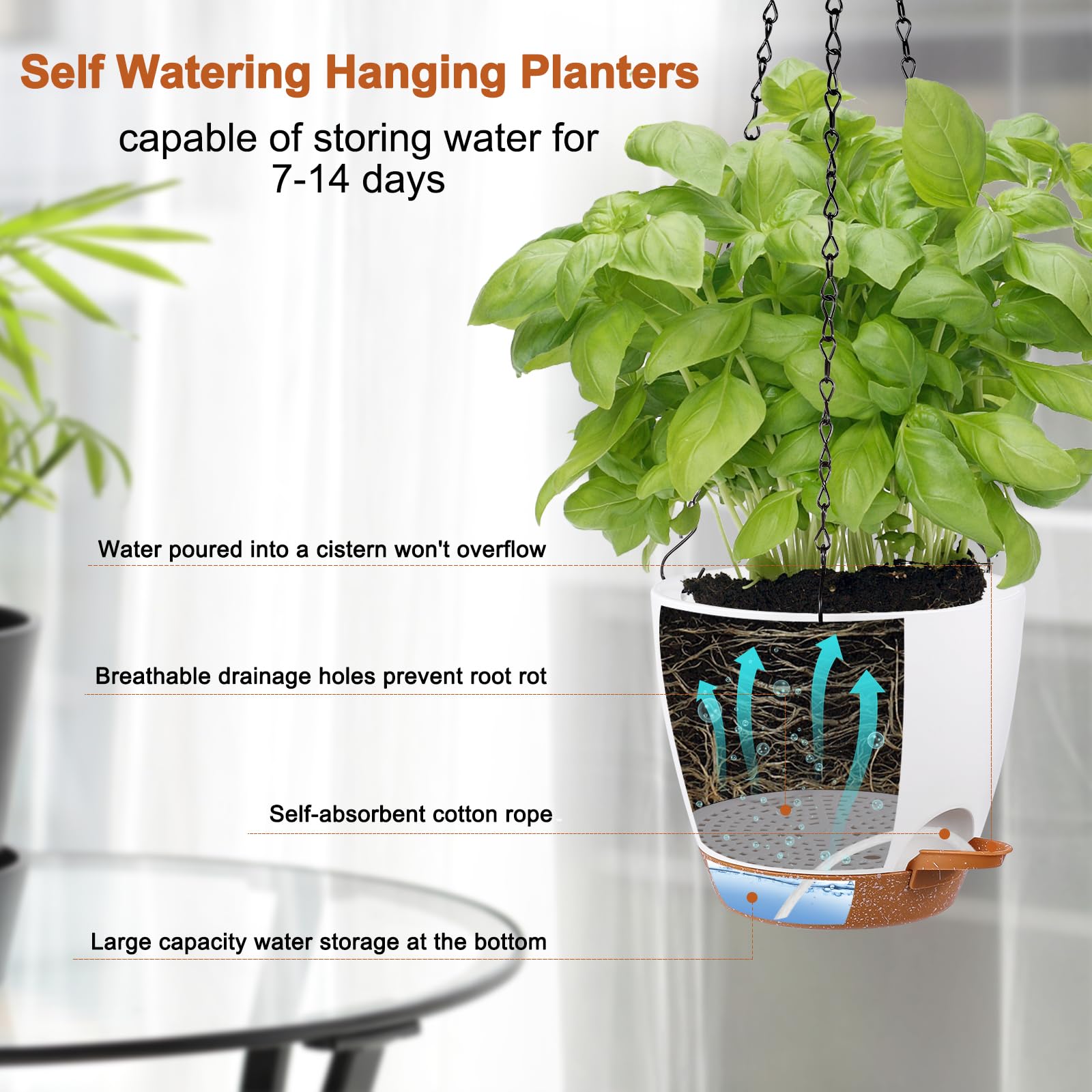 Dekosilave Hanging Planters for Indoor Outdoor Plants 3 Pack Self Watering Hanging Plant Pot 8/7.5/7 inch Hanging Flower Plant Pot, Hanging Plant Basket with Drainage Holes and Chain for Garden Home