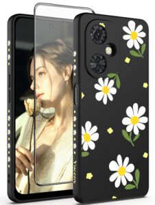 yucenx for oneplus nord n30 5g case, girls women florals liquid silicone phone case, shockproof anti-scratch soft protection case with screen protectors for oneplus nord n30 5g (black)