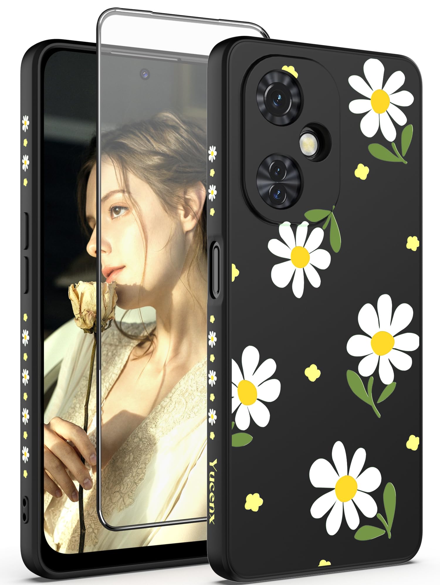 Yucenx for Oneplus Nord n30 5G Case, Girls Women Florals Liquid Silicone Phone Case, Shockproof Anti-Scratch Soft Protection Case with Screen Protectors for OnePlus Nord N30 5G (Black)