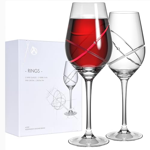 Alterf Hand-Carved Crystal Wine Glasses with Diamond Inlay, Red Wine Glasses Set of 2, Handmade Lead-Free Premium Clear Glass - Perfect for Red Wine - Great Gift Packaging