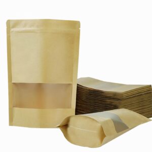 100 pcs resealable bags, stand up kraft paper bags with matte window, zipper lock food storage bags for small business and home, 3.54 * 5.51 inches reusable sealable bags for packaging
