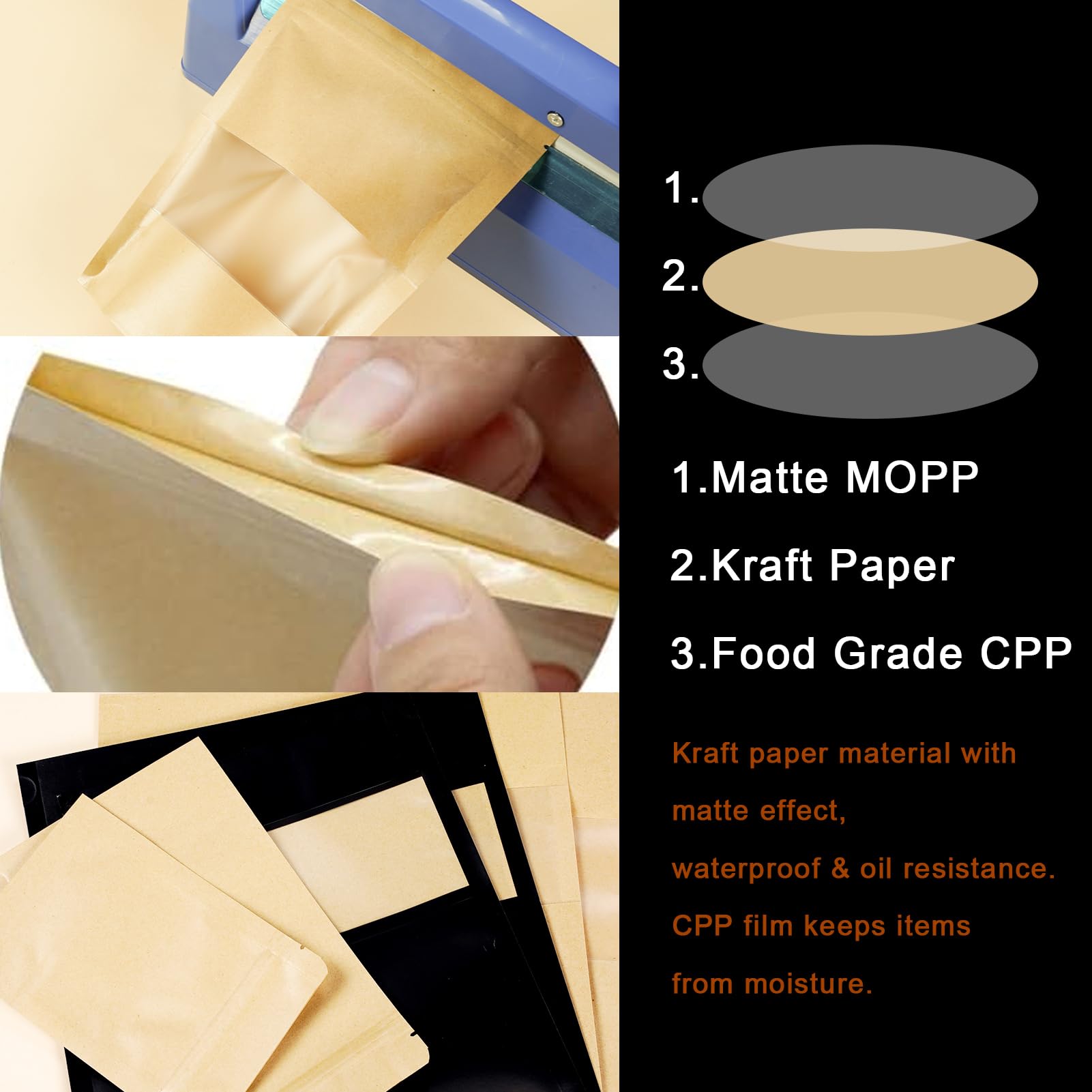 100 PCS Resealable Bags, Stand Up Kraft Paper Bags with Matte Window, Zipper Lock Food Storage Bags for Small Business and Home, 3.54 * 5.51 Inches Reusable Sealable Bags for Packaging
