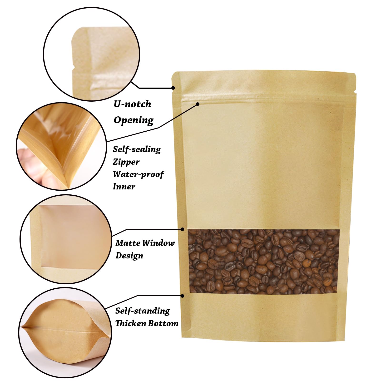 100 PCS Resealable Bags, Stand Up Kraft Paper Bags with Matte Window, Zipper Lock Food Storage Bags for Small Business and Home, 3.54 * 5.51 Inches Reusable Sealable Bags for Packaging