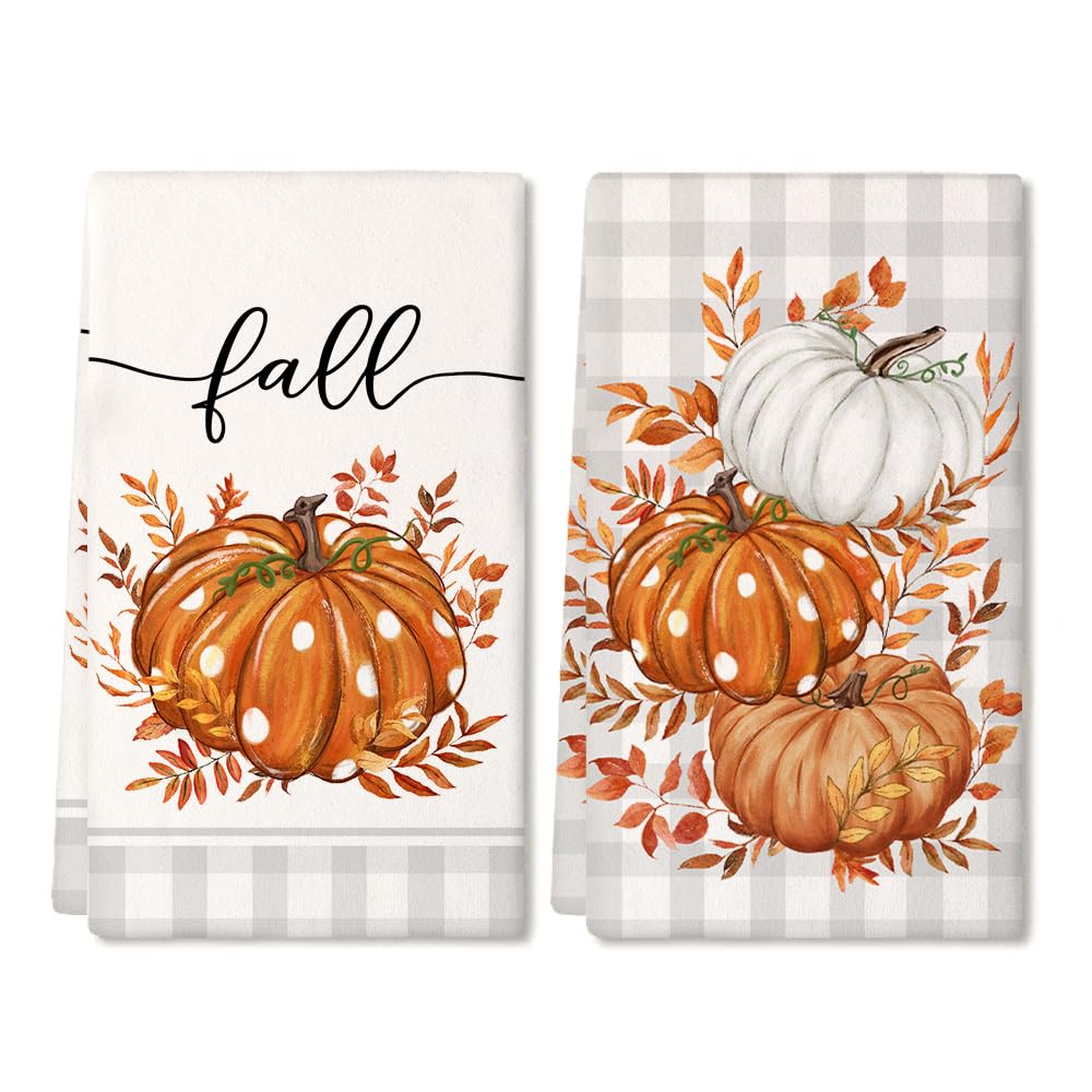 ARKENY Fall Kitchen Towels Set of 2,Orange Pumpkin Grey Buffalo Check Autumn Dish Towels 18x26 Inch Drying Dishcloth,Farmhouse Home Decoration AD118