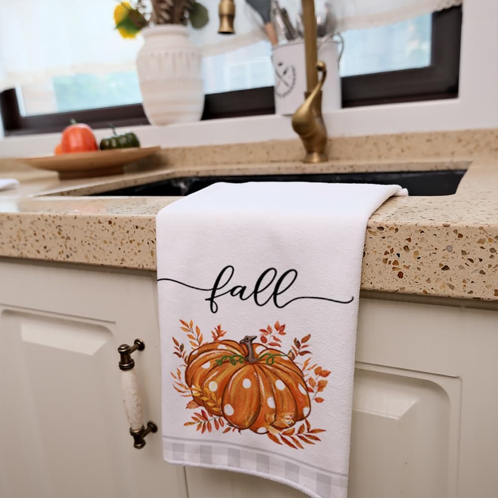 ARKENY Fall Kitchen Towels Set of 2,Orange Pumpkin Grey Buffalo Check Autumn Dish Towels 18x26 Inch Drying Dishcloth,Farmhouse Home Decoration AD118