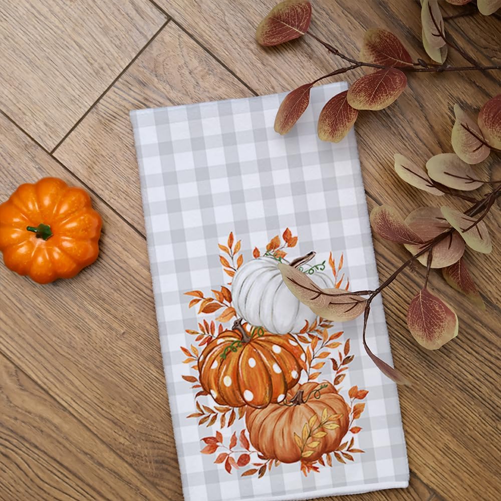 ARKENY Fall Kitchen Towels Set of 2,Orange Pumpkin Grey Buffalo Check Autumn Dish Towels 18x26 Inch Drying Dishcloth,Farmhouse Home Decoration AD118