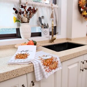 ARKENY Fall Kitchen Towels Set of 2,Orange Pumpkin Grey Buffalo Check Autumn Dish Towels 18x26 Inch Drying Dishcloth,Farmhouse Home Decoration AD118