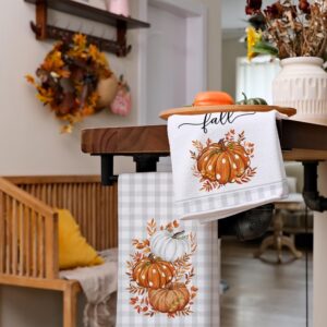 ARKENY Fall Kitchen Towels Set of 2,Orange Pumpkin Grey Buffalo Check Autumn Dish Towels 18x26 Inch Drying Dishcloth,Farmhouse Home Decoration AD118