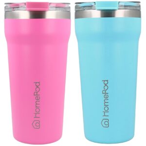 homerod [2 pack 18 oz stainless steel travel insulated tumbler cup for hot and cold drinks,coffee mugs with lid (pink and blue)
