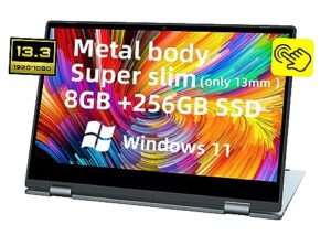 touch screen laptop, 2 in 1 win11 yoga laptop 16gb ram 256g ssd, 13.3 inch convertible laptop computer, n5100 quad core, fhd ips panel, 2.4/5g/ac wifi, type-c, thin&light notebook,full metal