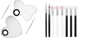 2 pack makeup palette and spatula set，professional stainless steel cosmetic mirror lady mixing palette tool with 6 pcs sponge eyeshadow makeup applicator with handle + 2 shapes silicone lip mask makeu