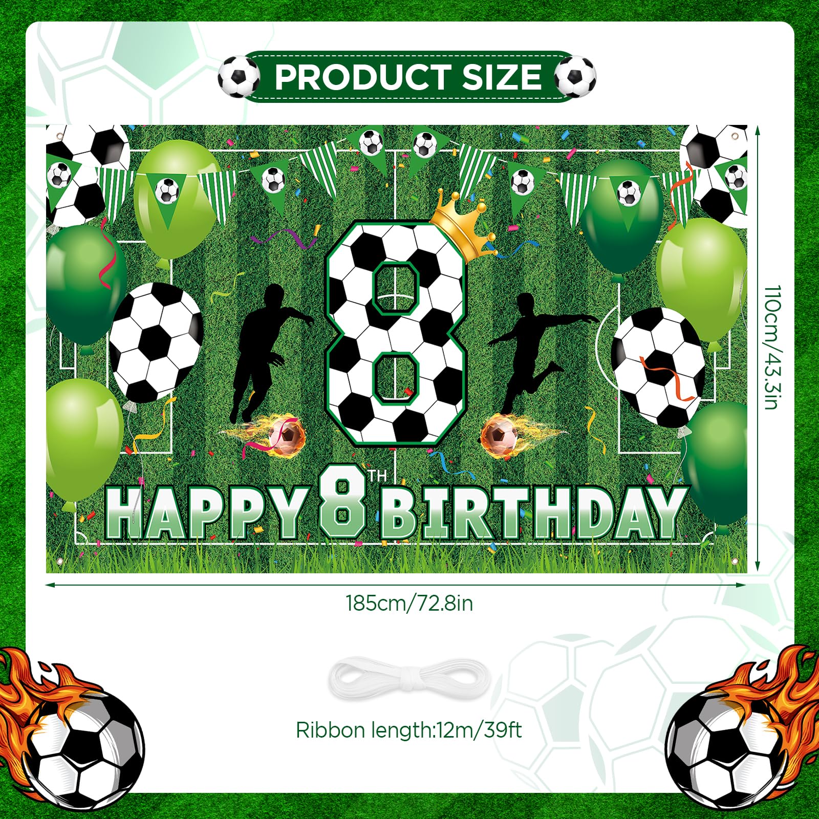 Soccer 8th Birthday Party Decorations Soccer Happy 8th Birthday Banner for Boys Kids Teens Large Sport Themed Birthday Banner for Soccer Football 8th Birthday Anniversary Party Supplies