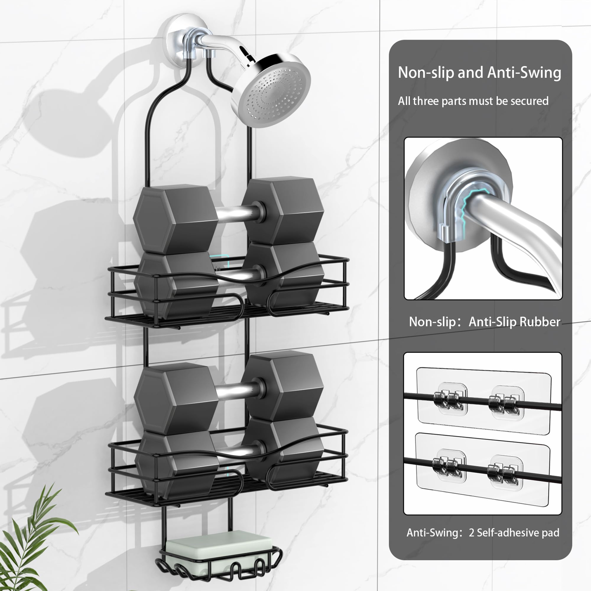 Bathroom Shower Caddy Hanging - Shower Organizer Hanging 3-Tier with Soap Holder & 6 Hooks for Towels, Sponge, Shower Caddy over Shower Head Fits 21mm Shower Head Arm, Black