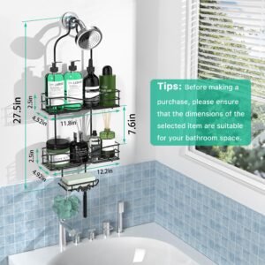 Bathroom Shower Caddy Hanging - Shower Organizer Hanging 3-Tier with Soap Holder & 6 Hooks for Towels, Sponge, Shower Caddy over Shower Head Fits 21mm Shower Head Arm, Black