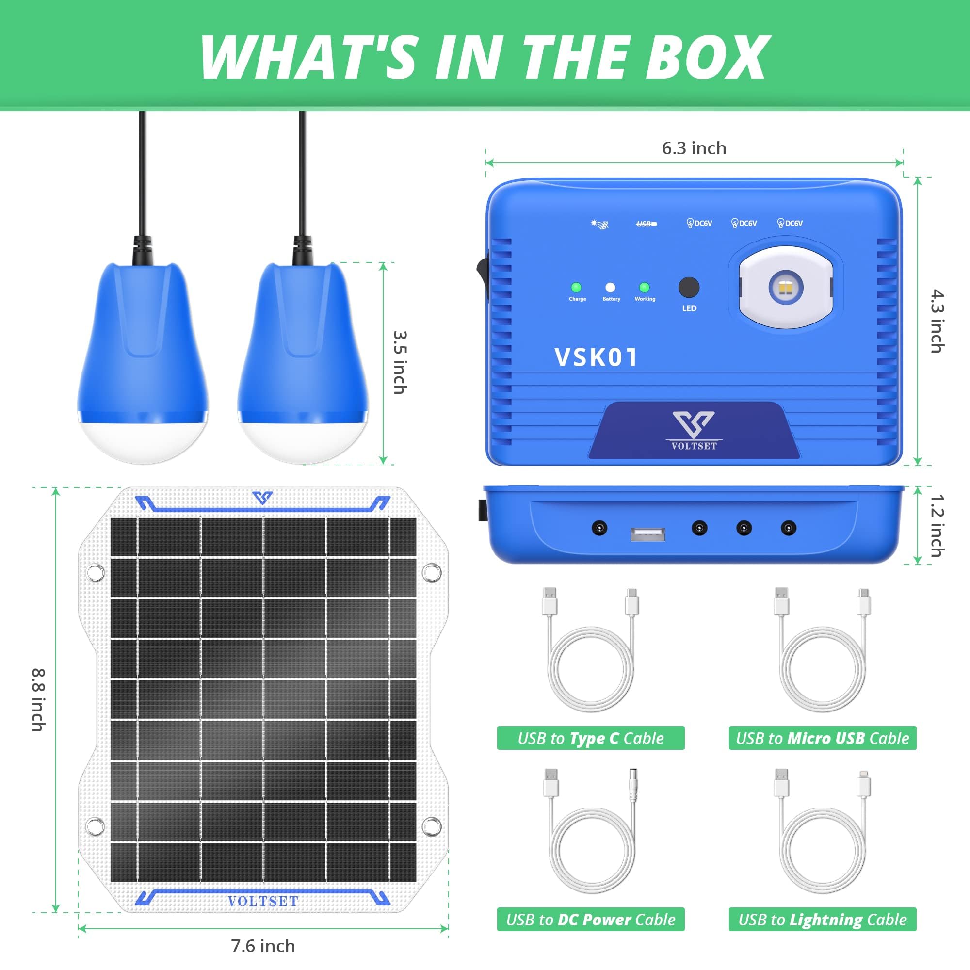 VOLTSET 5W Solar Generator - 8000mAH Solar Power Generator System with 2 LED Bulbs, Portable Power Station with Flashlight for Camping, Phone Charging, Home Emergency Power Supply