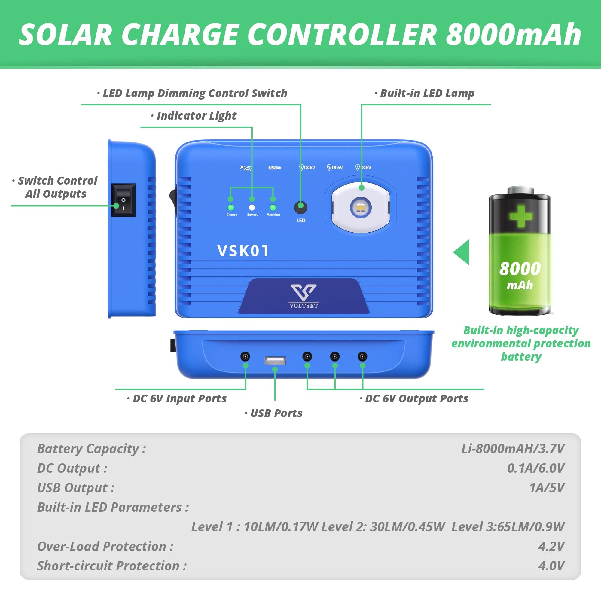 VOLTSET 5W Solar Generator - 8000mAH Solar Power Generator System with 2 LED Bulbs, Portable Power Station with Flashlight for Camping, Phone Charging, Home Emergency Power Supply