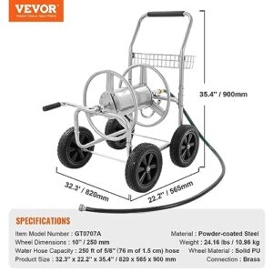 VEVOR Hose Reel Cart, Hold Up to 250 ft of 5/8’’ Hose, Garden Water Hose Carts Mobile Tools with 4 Wheels, Heavy Duty Powder-Coated Steel Outdoor Planting with Storage Basket, for Garden, Yard, Lawn